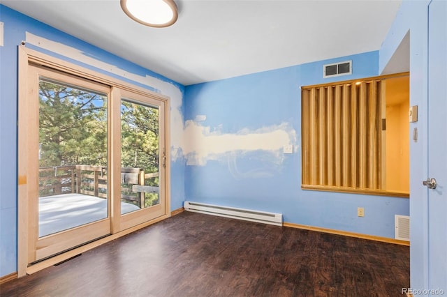 doorway to outside with baseboard heating and dark hardwood / wood-style floors