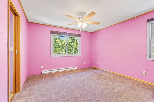 unfurnished room with ceiling fan, carpet floors, crown molding, and a baseboard radiator