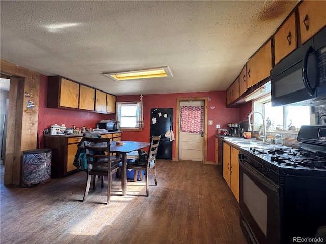 kitchen featuring dark hardwood / wood-style flooring, sink, black appliances, and a textured ceiling