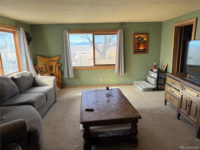 carpeted living room featuring plenty of natural light and a textured ceiling