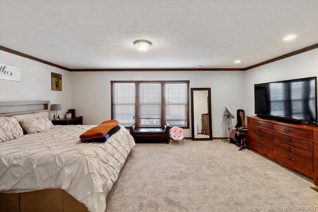 bedroom with light carpet, baseboards, ornamental molding, and a textured ceiling