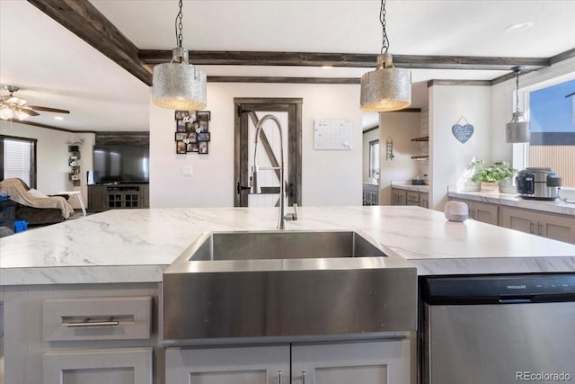 kitchen with beam ceiling, dishwasher, open floor plan, and gray cabinetry