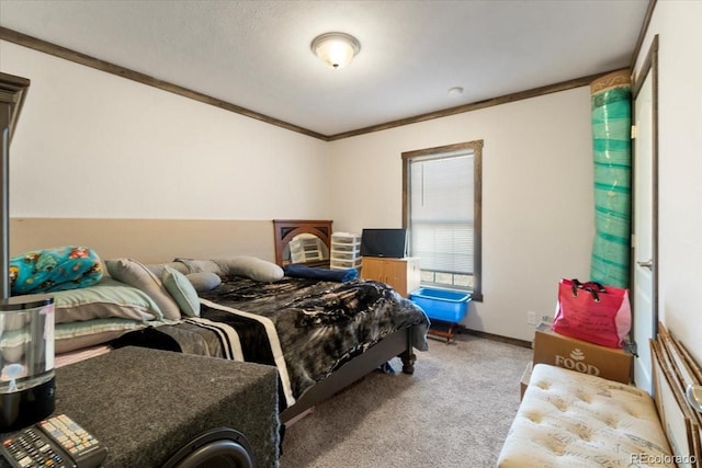 carpeted bedroom with baseboards and crown molding