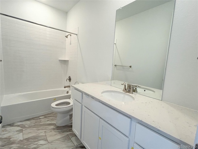 bathroom with toilet, marble finish floor, shower / tub combination, and vanity