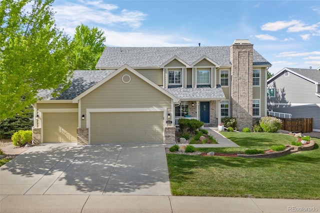 7837 Aravon Ct, Lone Tree, CO 80124 - view of front of home with a garage, driveway, a shingled roof, and a chimney