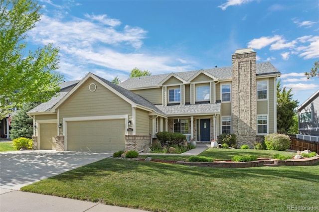 7837 Aravon Ct, Lone Tree, CO 80124 - view of front of property with a garage, driveway, a chimney, brick siding, and a shingled roof