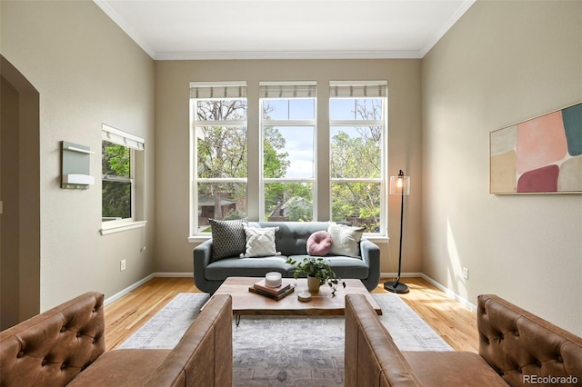 3712 Wolff St, Denver, CO 80212 - living area featuring healthy amount of natural light, light wood-style floors, baseboards, crown molding, and arched walkways