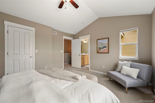3712 Wolff St, Denver, CO 80212 - bedroom featuring vaulted ceiling, light carpet, baseboards, ensuite bath, and a ceiling fan