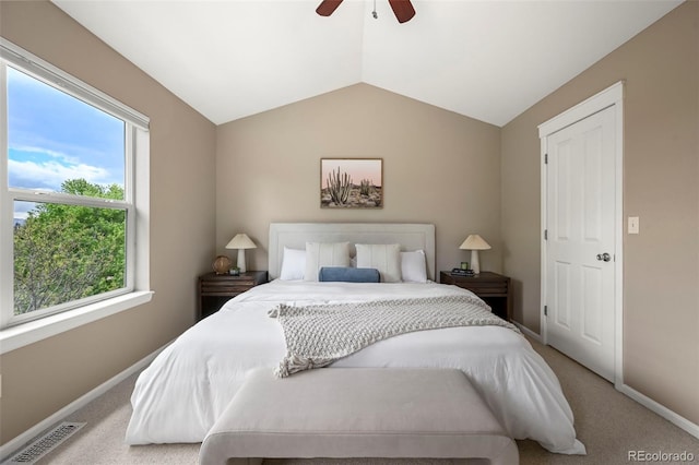 3712 Wolff St, Denver, CO 80212 - bedroom featuring baseboards, light colored carpet, lofted ceiling, and a ceiling fan