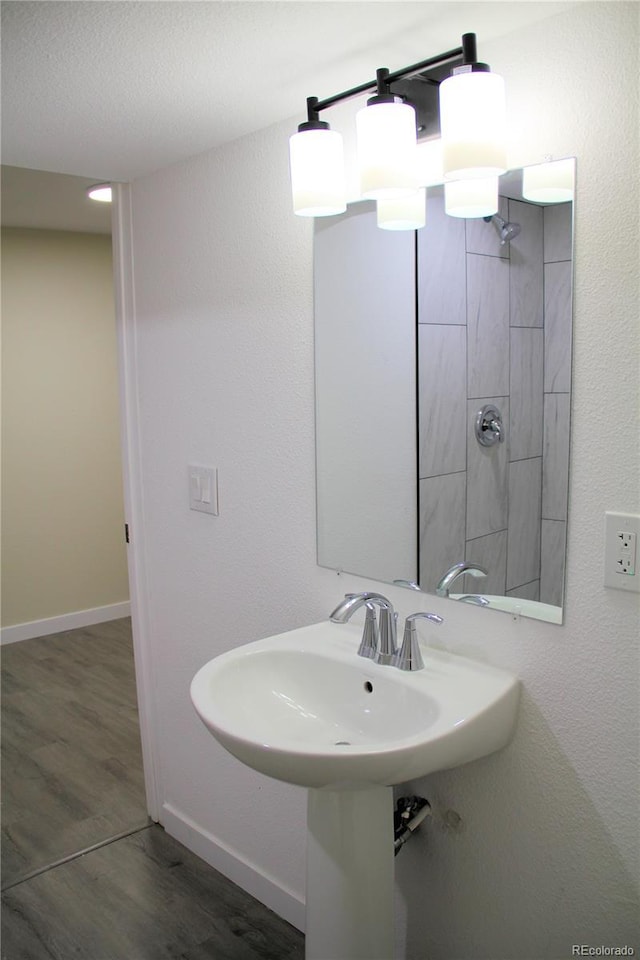 bathroom with hardwood / wood-style floors