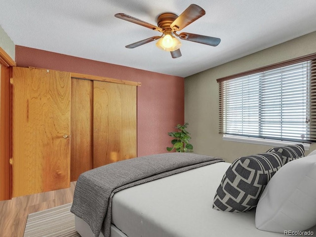 bedroom featuring hardwood / wood-style floors, ceiling fan, and a closet