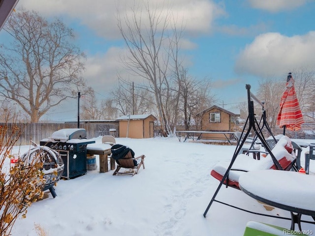 yard layered in snow with a shed