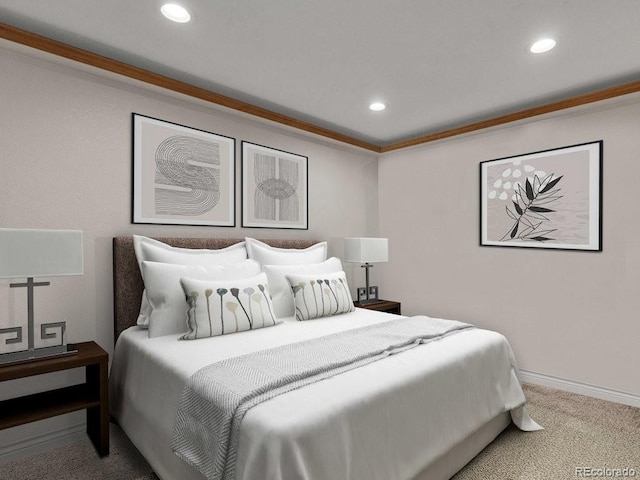 carpeted bedroom featuring crown molding