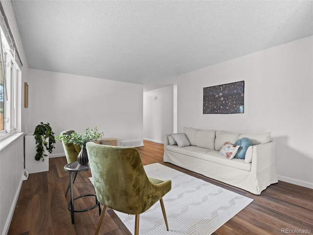 living room featuring wood finished floors, baseboards, and a textured ceiling