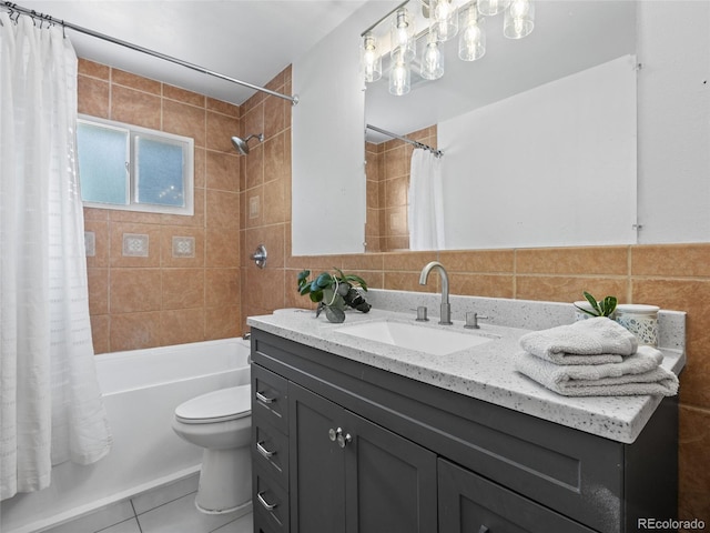 bathroom with tile walls, shower / tub combo, vanity, tile patterned flooring, and toilet
