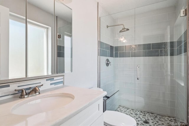 9442 W Walden Ave, Littleton, CO 80128 - bathroom with vanity, a shower stall, and backsplash