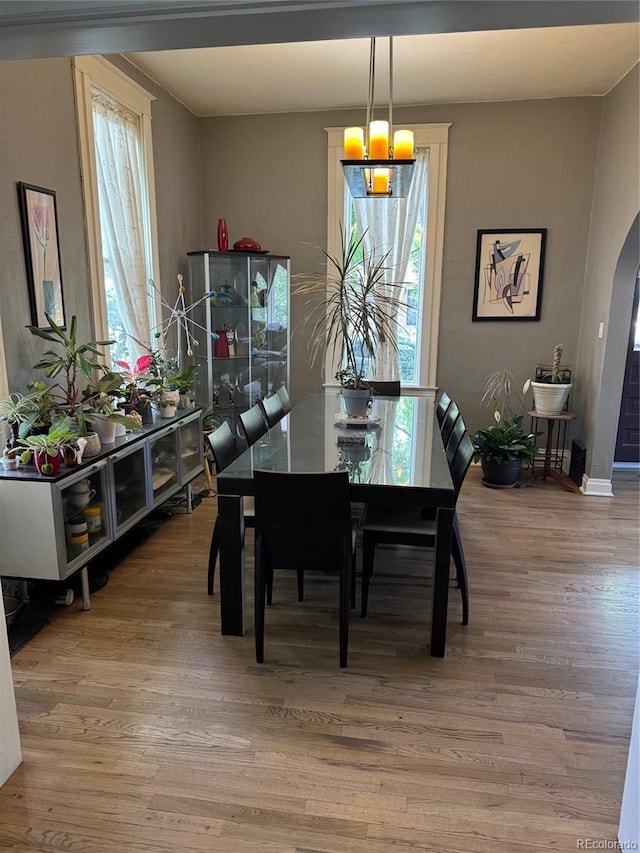 3098 W 39th Ave, Denver, CO 80211 - dining room with a chandelier, wood finished floors, and arched walkways