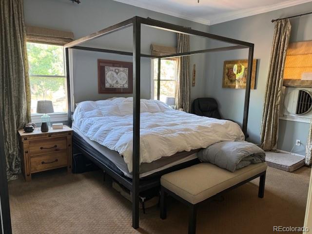 3098 W 39th Ave, Denver, CO 80211 - bedroom featuring carpet flooring, ornamental molding, and multiple windows