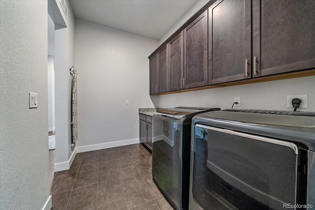 9433 Torrey Way, Arvada, CO 80007 - washroom featuring cabinet space, independent washer and dryer, baseboards, and dark tile patterned floors