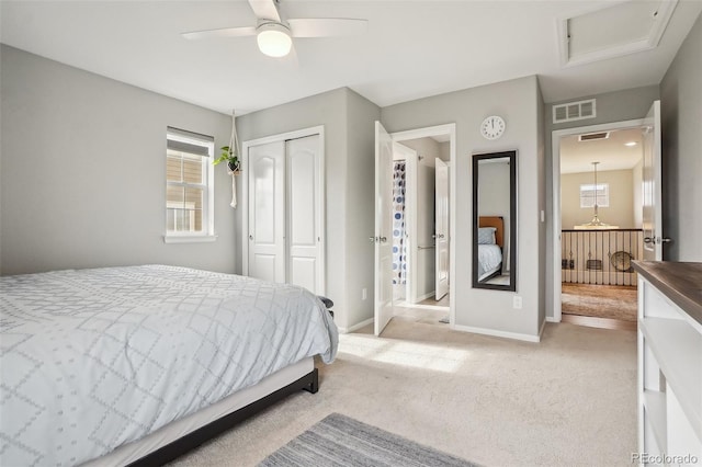 5362 E 140th Pl, Thornton, CO 80602 - bedroom featuring attic access, light colored carpet, visible vents, baseboards, and a closet