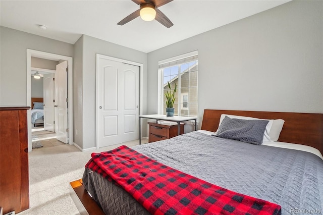 5362 E 140th Pl, Thornton, CO 80602 - bedroom featuring baseboards, a ceiling fan, a closet, and light colored carpet