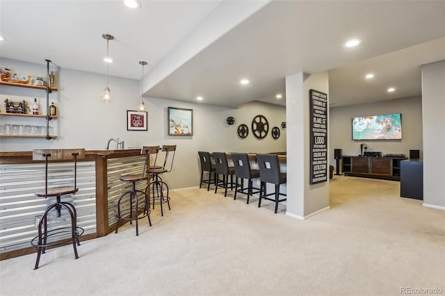 5362 E 140th Pl, Thornton, CO 80602 - bar featuring indoor wet bar, carpet flooring, and recessed lighting