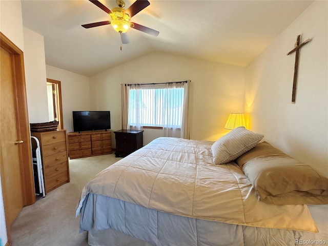 2835 S Tower Way, Aurora, CO 80013 - bedroom with light colored carpet, lofted ceiling, and a ceiling fan