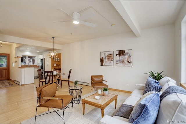 1460 Quince Ave Unit 102, Boulder, CO 80304 - living room with light wood-style floors, a baseboard radiator, ceiling fan, a chandelier, and beam ceiling