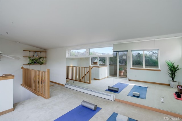 1460 Quince Ave Unit 102, Boulder, CO 80304 - exercise room featuring a baseboard radiator, plenty of natural light, lofted ceiling, carpet floors, and ceiling fan