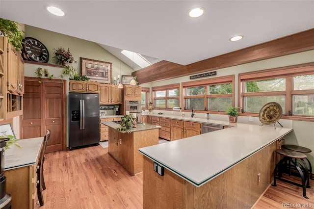 kitchen featuring appliances with stainless steel finishes, a healthy amount of sunlight, a peninsula, and lofted ceiling with skylight