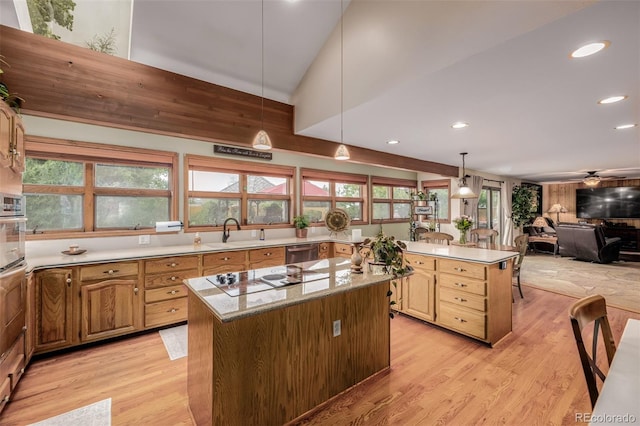 kitchen featuring light wood finished floors, open floor plan, a wealth of natural light, and a center island