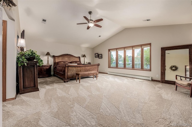 bedroom with a baseboard radiator, lofted ceiling, visible vents, light carpet, and baseboards