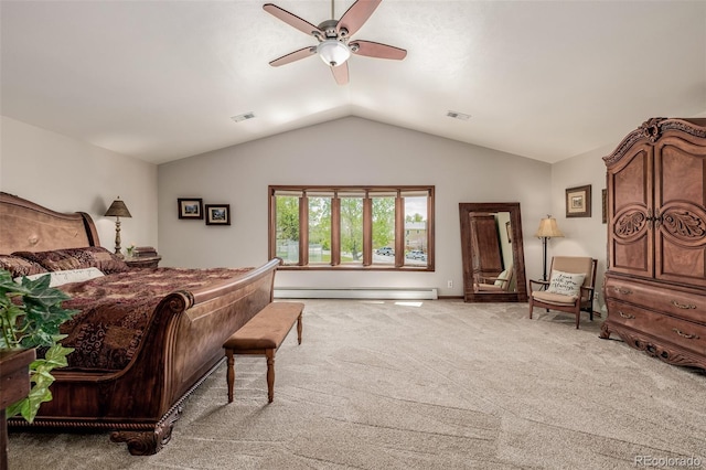 bedroom with a baseboard radiator, visible vents, vaulted ceiling, and light colored carpet