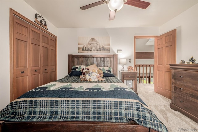 bedroom featuring a closet, carpet flooring, and ceiling fan