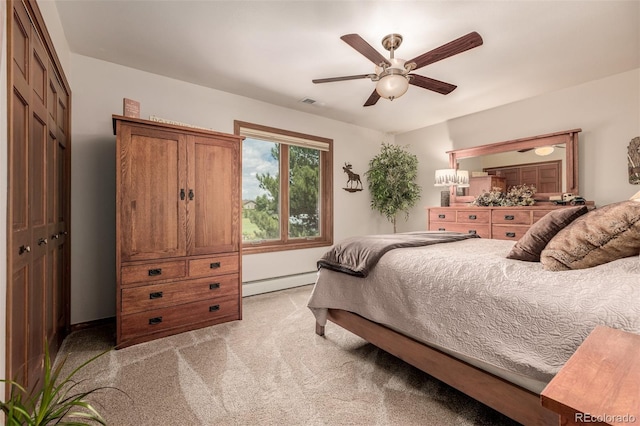 bedroom with a baseboard heating unit, light carpet, visible vents, a ceiling fan, and a closet