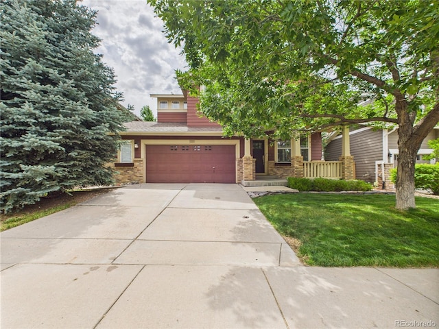 10497 Wagon Box Cir, Highlands Ranch, CO 80130 - view of property hidden behind natural elements with concrete driveway, a garage, a front lawn, and stone siding