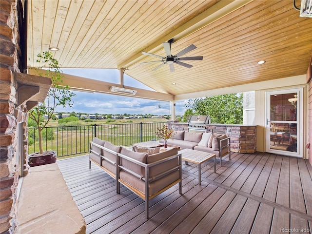 10497 Wagon Box Cir, Highlands Ranch, CO 80130 - wooden deck with area for grilling, an outdoor living space, and ceiling fan