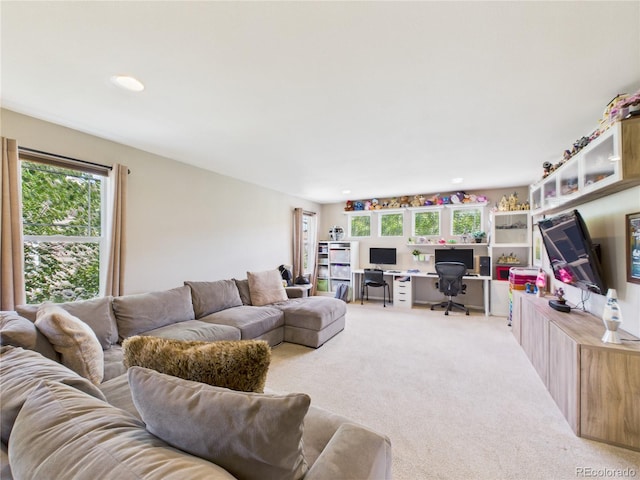 10497 Wagon Box Cir, Highlands Ranch, CO 80130 - living room with an office area, light colored carpet, and recessed lighting