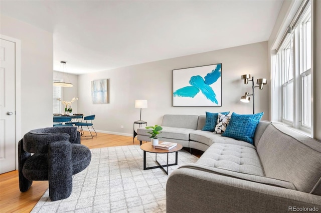 living room with baseboards and wood finished floors