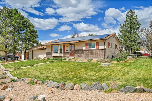 3451 Highland Pl, Westminster, CO 80031 - single story home featuring roof mounted solar panels, an attached garage, a front lawn, and brick siding
