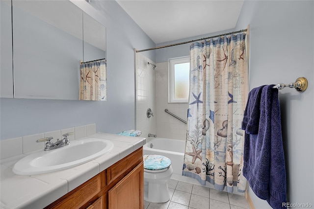 3451 Highland Pl, Westminster, CO 80031 - full bathroom with tile patterned floors, vanity, toilet, and shower / bath combination with curtain