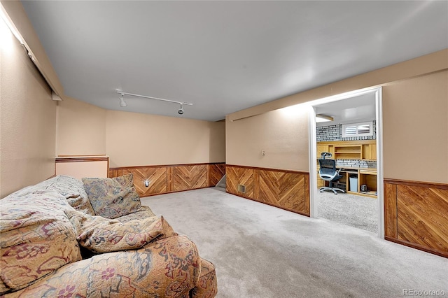 3451 Highland Pl, Westminster, CO 80031 - living area with carpet floors, wooden walls, rail lighting, and wainscoting