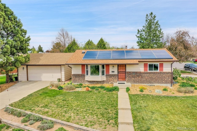 3451 Highland Pl, Westminster, CO 80031 - single story home with a front lawn, roof with shingles, brick siding, driveway, and solar panels