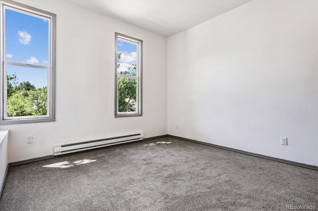 empty room with carpet floors and baseboard heating