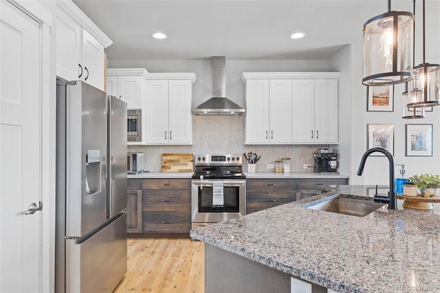 kitchen featuring stainless steel appliances, backsplash, white cabinets, a sink, and wall chimney range hood