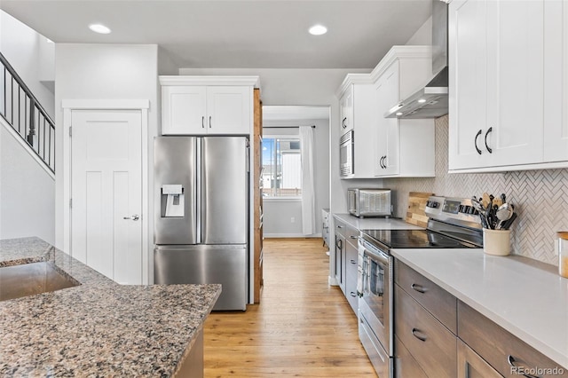 kitchen featuring white cabinets, light wood-style floors, appliances with stainless steel finishes, decorative backsplash, and wall chimney exhaust hood