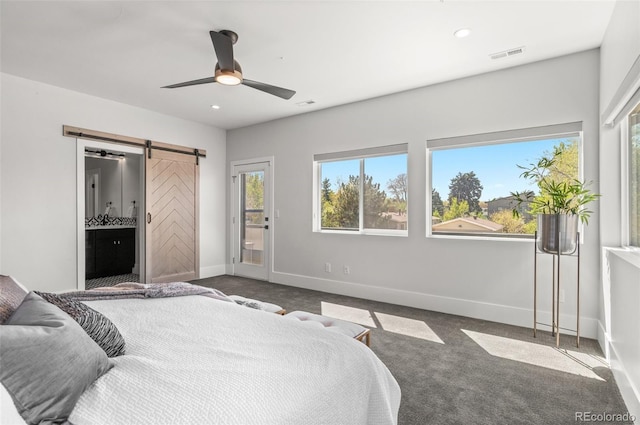5240 N Raleigh St, Denver, CO 80212 - carpeted bedroom with a barn door, multiple windows, access to outside, baseboards, and recessed lighting