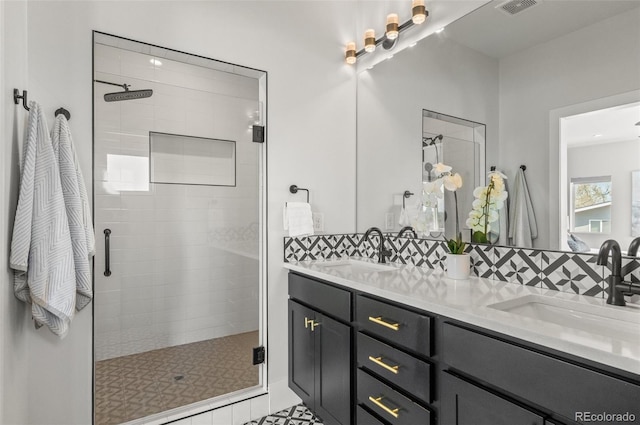 5240 N Raleigh St, Denver, CO 80212 - full bathroom with a shower stall, double vanity, and backsplash