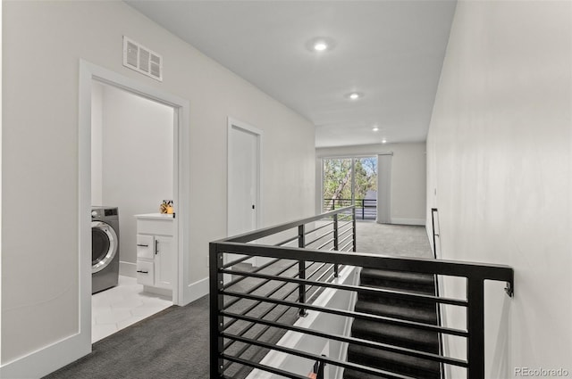 5240 N Raleigh St, Denver, CO 80212 - staircase with washer / clothes dryer, carpet, recessed lighting, and baseboards