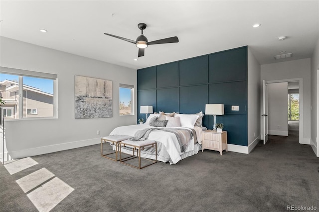 5240 N Raleigh St, Denver, CO 80212 - bedroom featuring dark colored carpet, baseboards, recessed lighting, and a ceiling fan